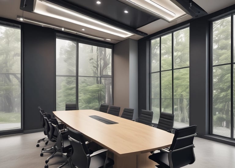 Workers installing interior finishes in a modern office space.