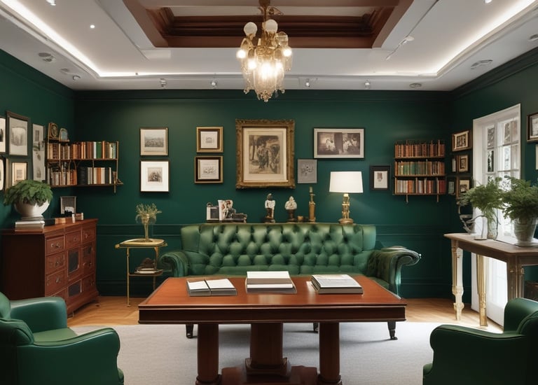 A modern living room designed with sleek furniture and warm lighting.