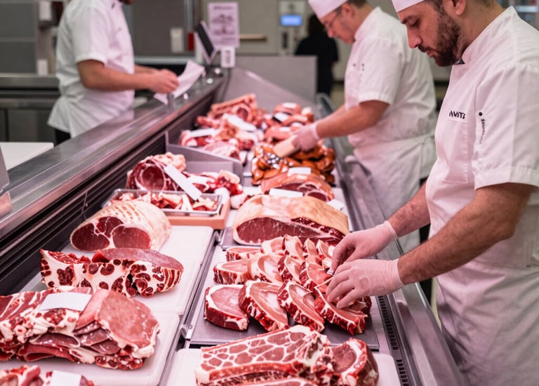 Close-up of fresh meat cuts neatly arranged in a butcher's display.