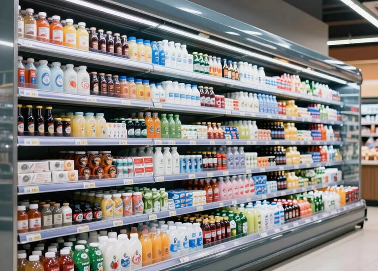 Colorful supermarket aisle with fresh fruits and vegetables on display.