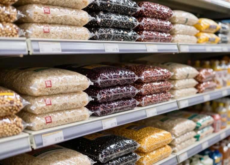 Colorful supermarket aisle with fresh fruits and vegetables on display.
