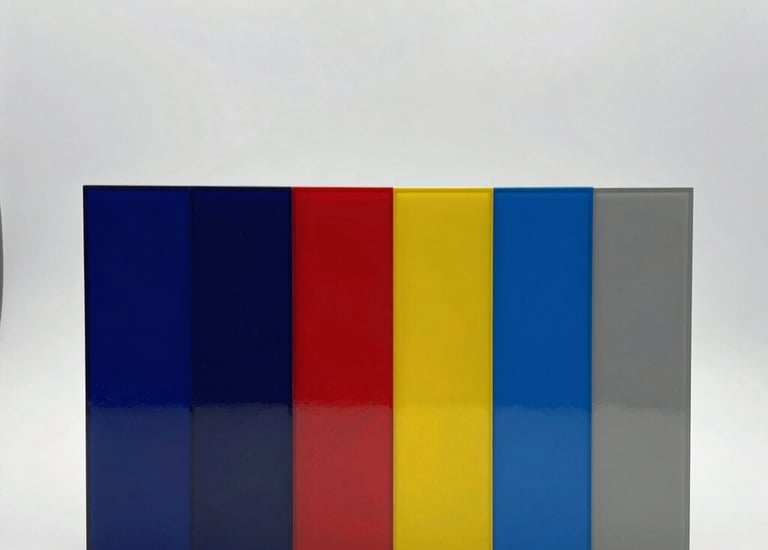 Various laser-cut samples of wood and acrylic displayed on a table.