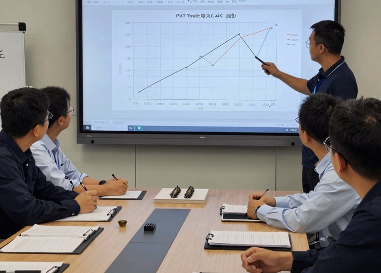 Team reviewing PVT results on a large screen in a meeting room.