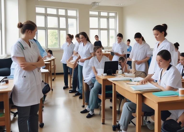 Healthcare trainees practicing nursing skills in a clinical setting.