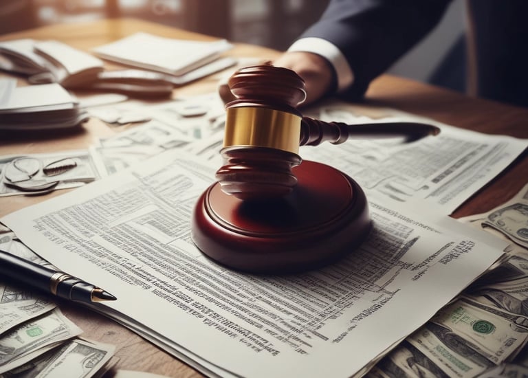 Lawyers reviewing detailed case files in a brightly lit office.