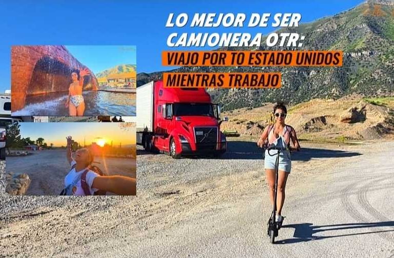 camionera en una aventura frente a su camion