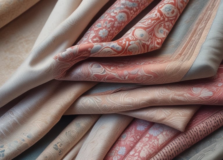 A selection of colorful fabrics and sketches spread on a wooden table.