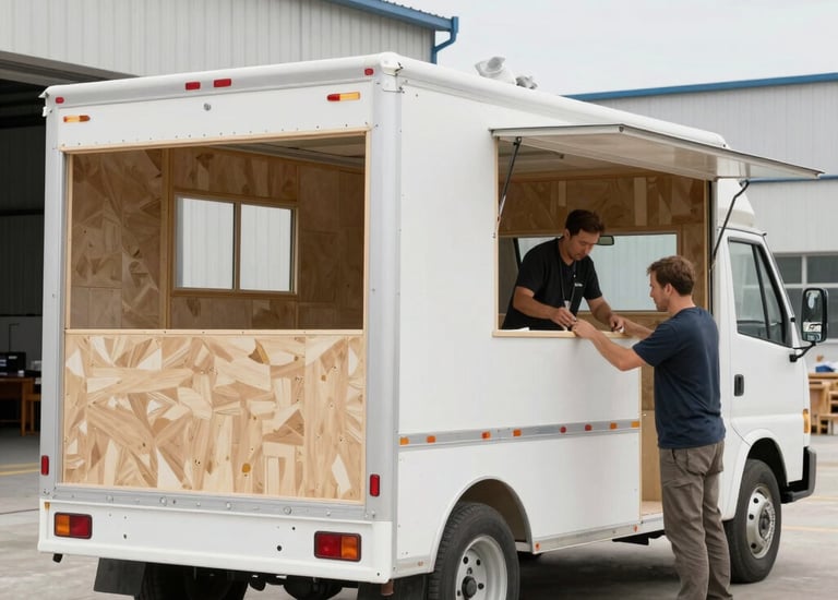 Technicians installing kitchen equipment inside a box truck conversion.