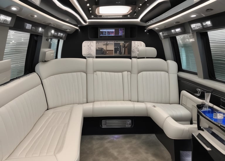 A luxurious limousine parked in front of a city skyline.