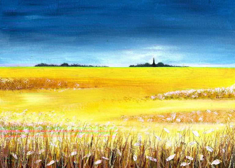 Acrylic painting of yellow corn fields and Astbury church in the distance