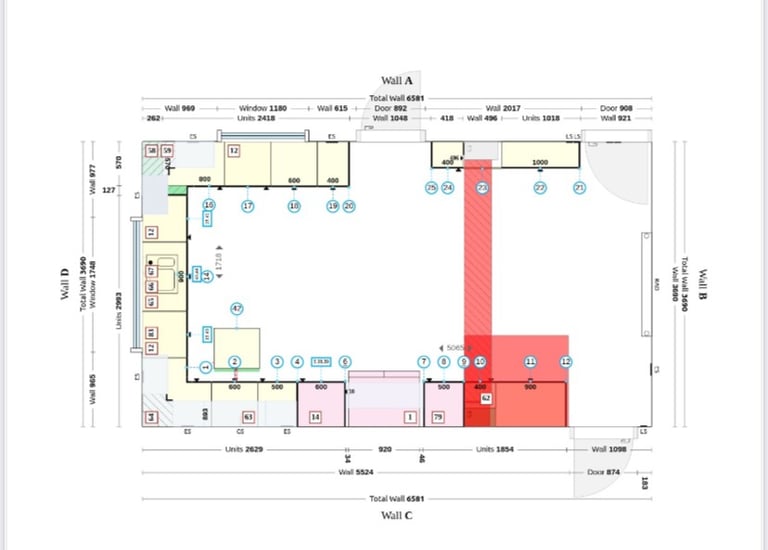 Detailed floor plan diagram showing measurements and layout for a kitchen design in Iffley.
