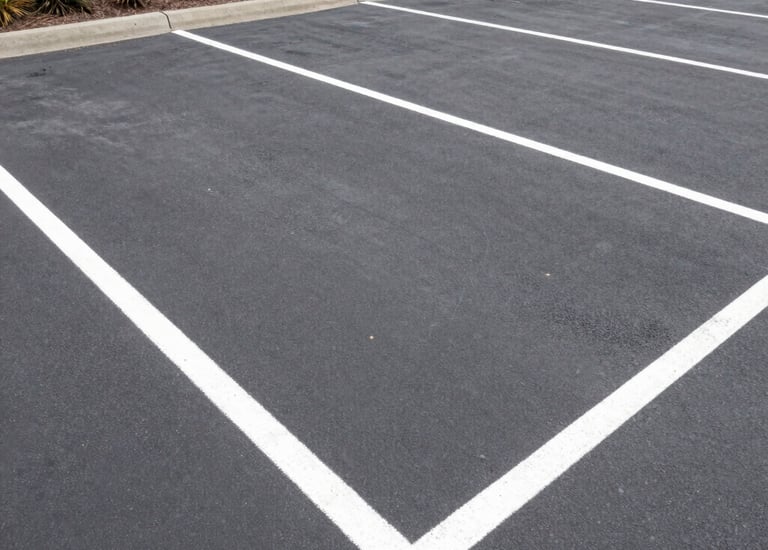 Wide shot of a commercial parking lot mid-sealcoating with workers applying black sealant.
