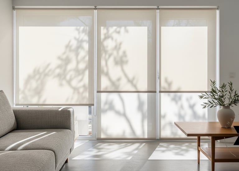 Modern living room featuring cream-colored window roller shades with soft tree shadows.