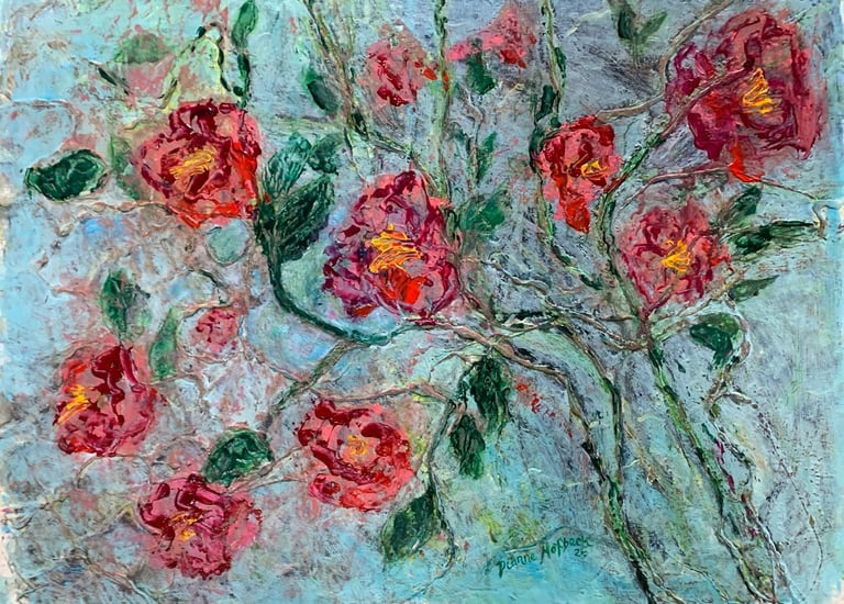 Camelias, Acrylic on Board