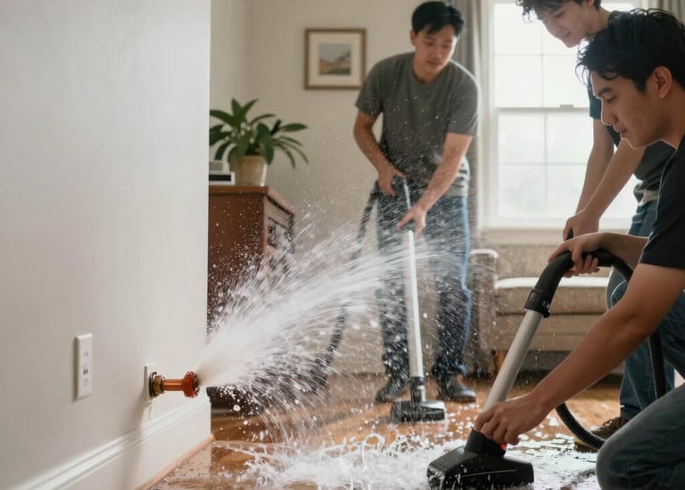 Technician using a powerful pump to remove water from a flooded living room.