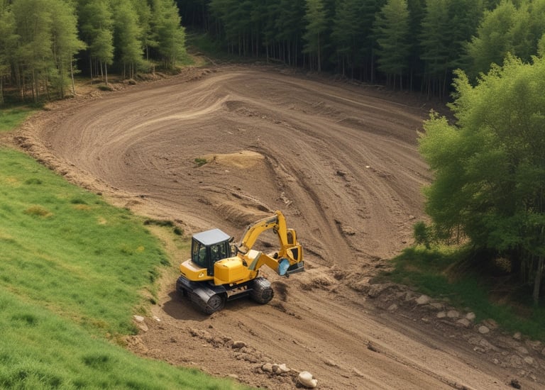 A solar farm stretching across cleared rural land with workers managing equipment.