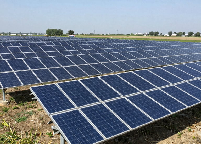 A solar panel array gleaming under a clear blue sky.