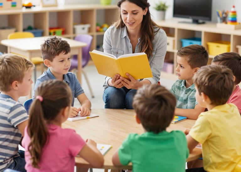 Children engaged in a group storytime with a teacher.