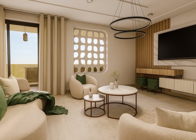 Modern luxury living room featuring curved beige sofas, nested coffee tables, and a minimalist black ring chandelier.