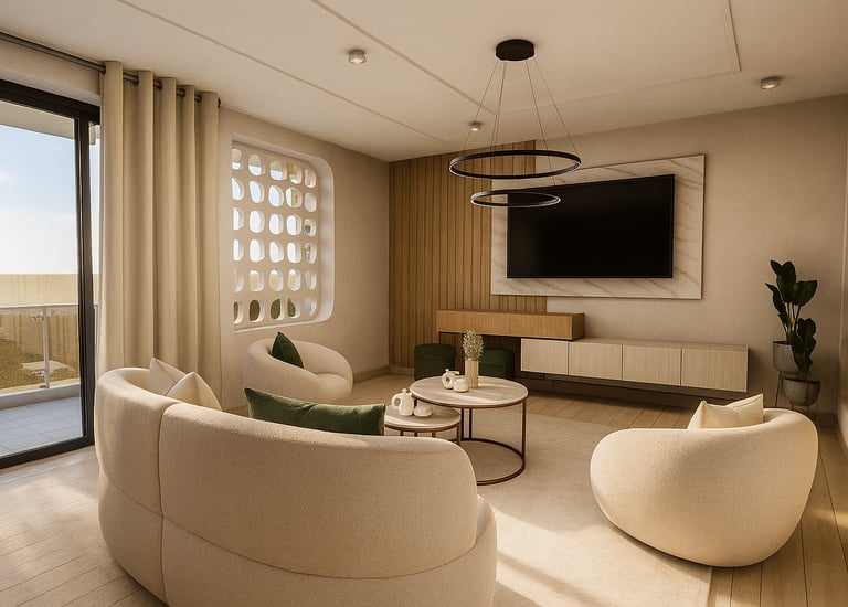 Modern luxury living room featuring curved beige sofas, round coffee tables, and a wall-mounted TV with wood paneling.