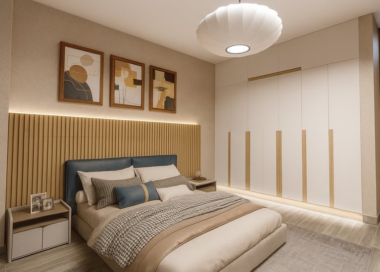Modern master bedroom with wood slat headboard, blue accents, and white built-in wardrobes.