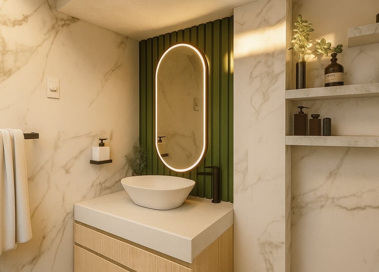 Unbaño moderno con predominate pintura verde, lo que la relaciona con la naturaleza y da vida