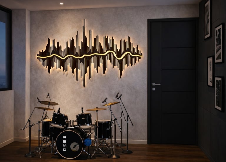 Modern drum set in a music studio with a backlit sound wave wall art decoration.