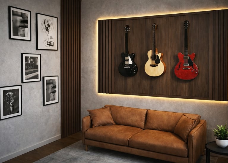 Modern music room with electric and acoustic guitars mounted on a backlit wood wall panel above a brown leather sofa.