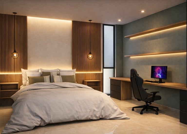 Modern bedroom with integrated desk, gaming setup, wooden slat wall, and warm LED accent lighting.