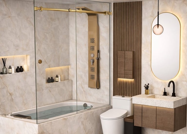 Luxury modern bathroom with marble tile, gold shower fixtures, glass tub enclosure, and backlit mirror.
