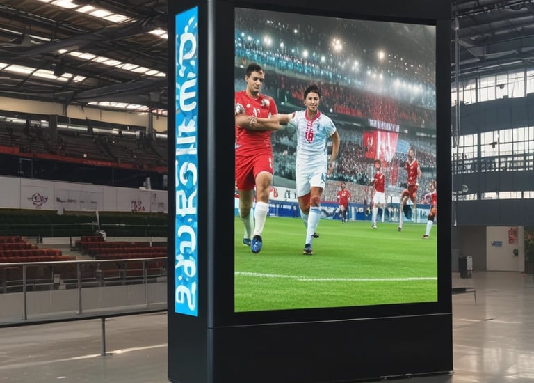 An LED display showing sports scores in a stadium.