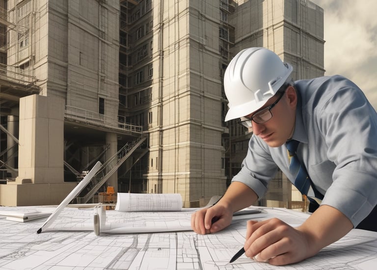 A modern office workspace with architectural blueprints and engineering tools on the desk.
