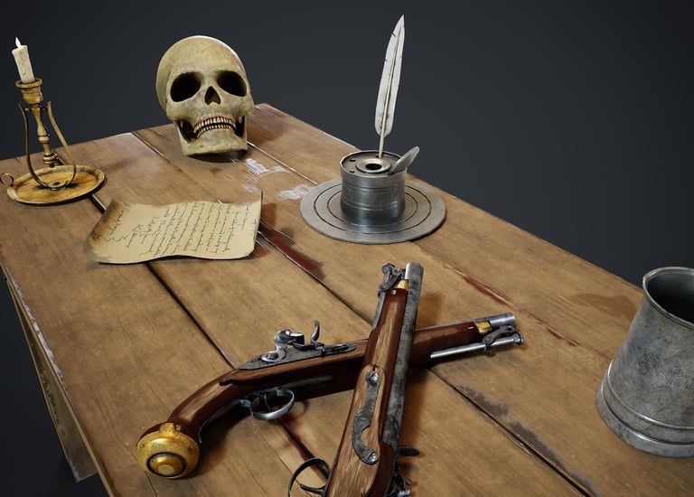 A pirate table 3D modelled in Maya and sculpted in Zbrush.