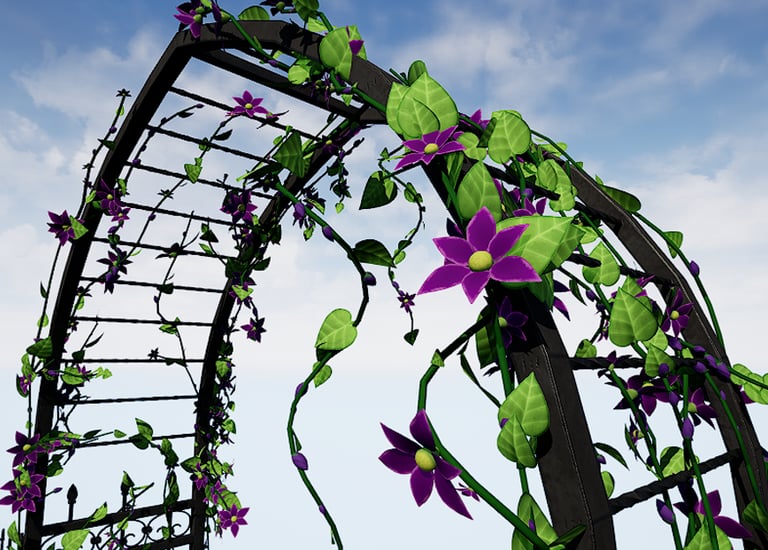 Scene created in Unreal Engine of a black metal fence with flower vines made using Houdini.