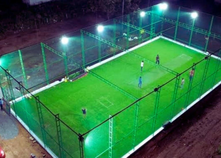 A freshly installed cricket net enclosure at a local sports ground in Bangalore.