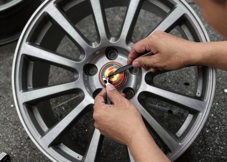 Technician carefully straightening a bent alloy wheel