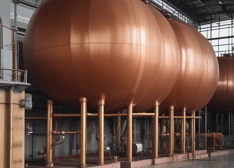 Industrial fuel storage tanks with clear blue sky background.