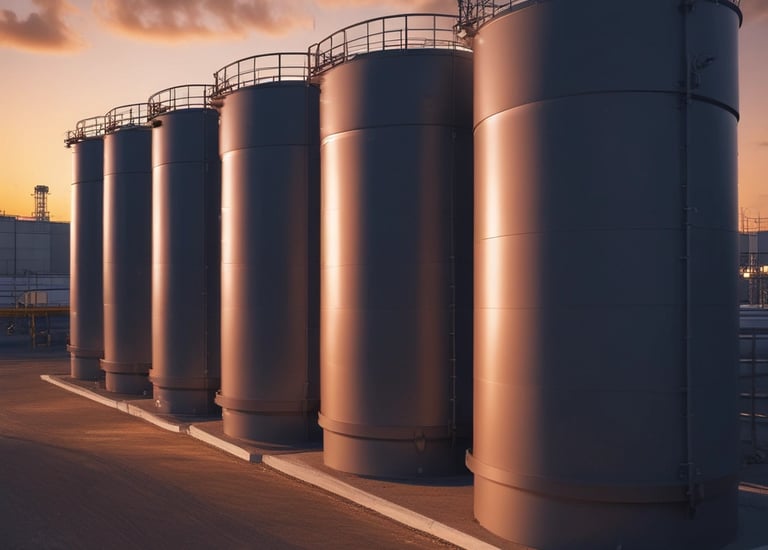 Large copper industrial storage tanks and cylindrical silos in a modern manufacturing facility.