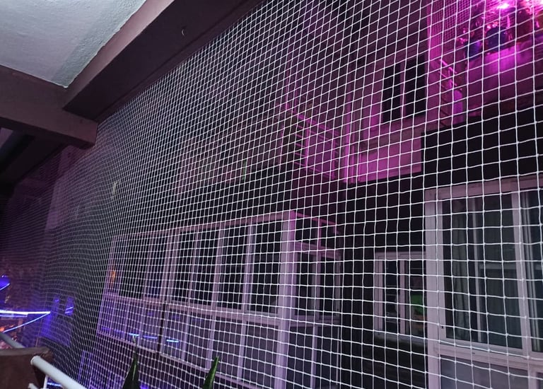 View of a flat balcony with a clean, well-fitted pigeon net.