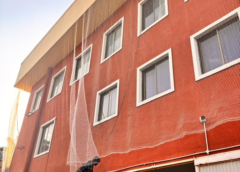 Wide shot of a commercial space in Andheri West with pigeon nets installed on windows.