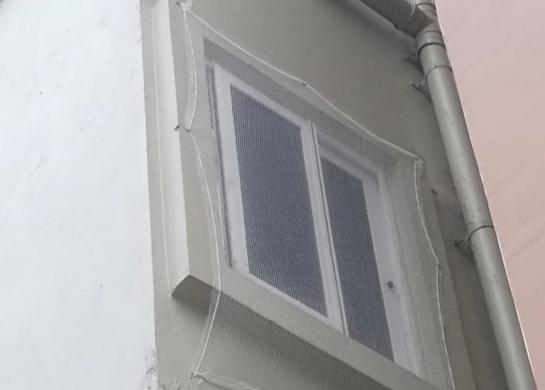 Pigeon netting fitted neatly over an apartment duct area.