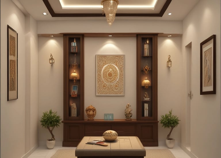 A beautifully designed pooja room with intricate wall art and ambient lighting.