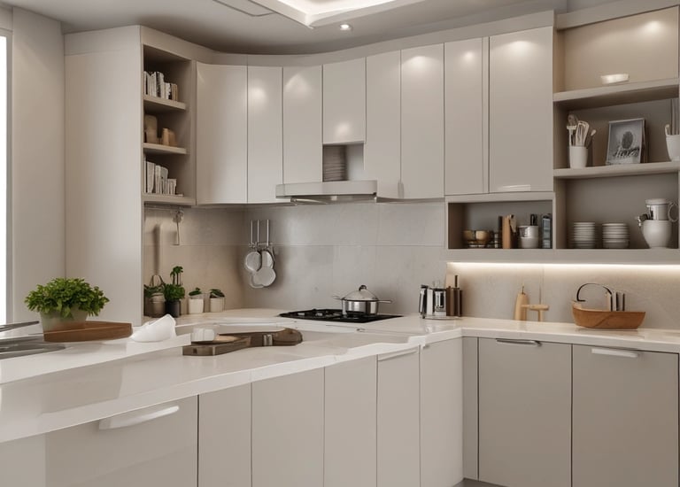 A modern office nook with practical storage and calming color palette.