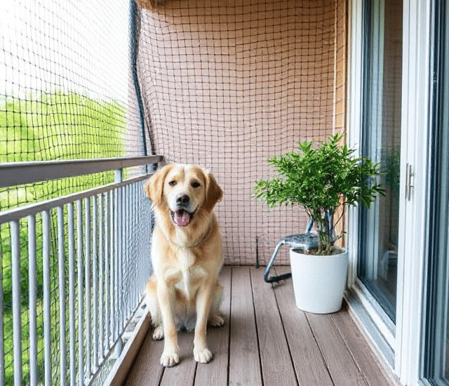 A wide shot of a high-rise balcony in Chennai fitted with a pet safety net, overlooking the cityscap