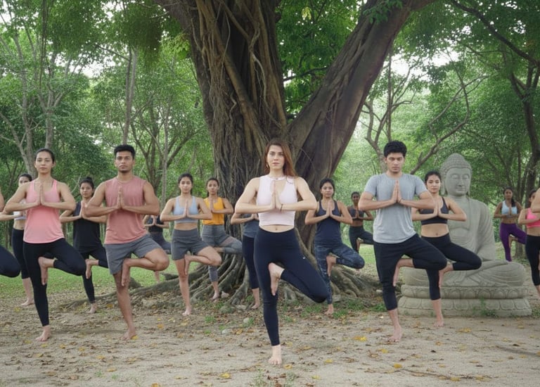 mujer dirigiendo  una clase de yoga grupal