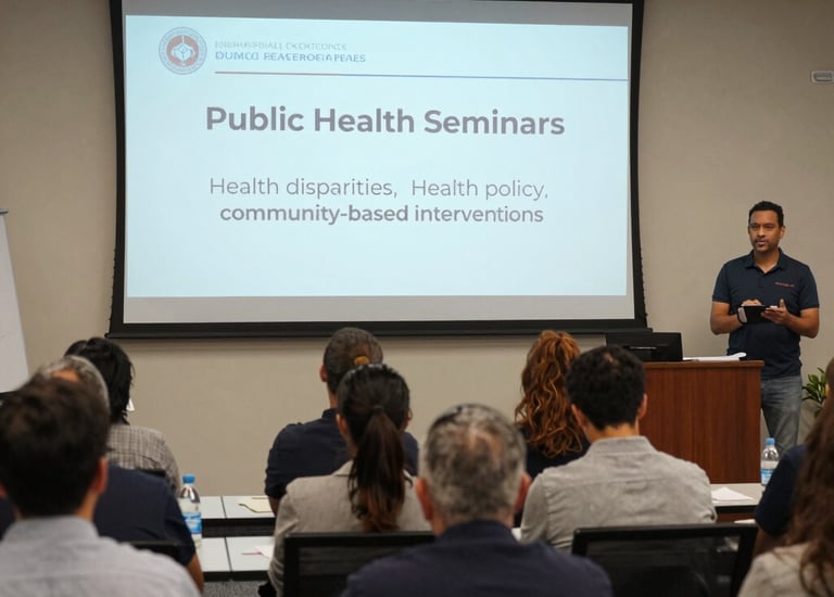 A public health seminar with a speaker engaging the audience.