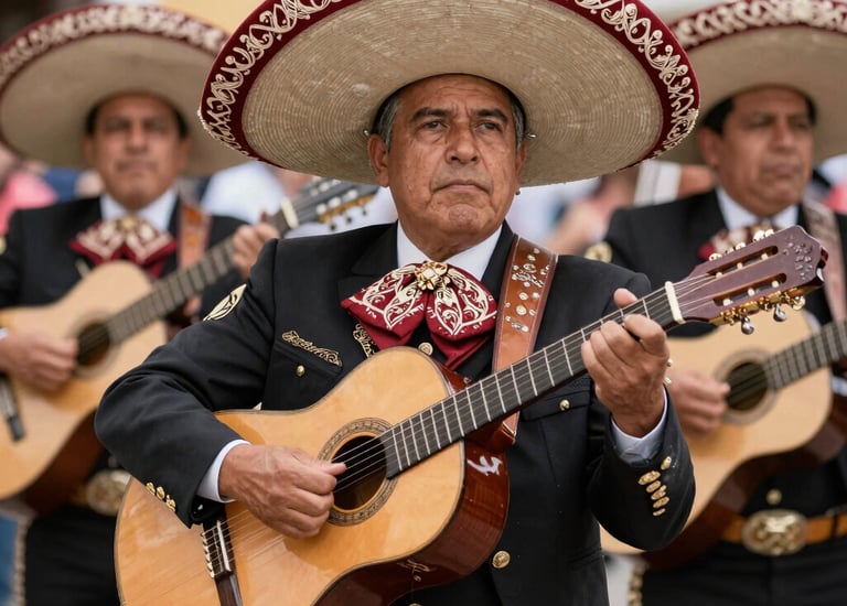 A percussionist playing congas with joyful energy amid festival decorations.