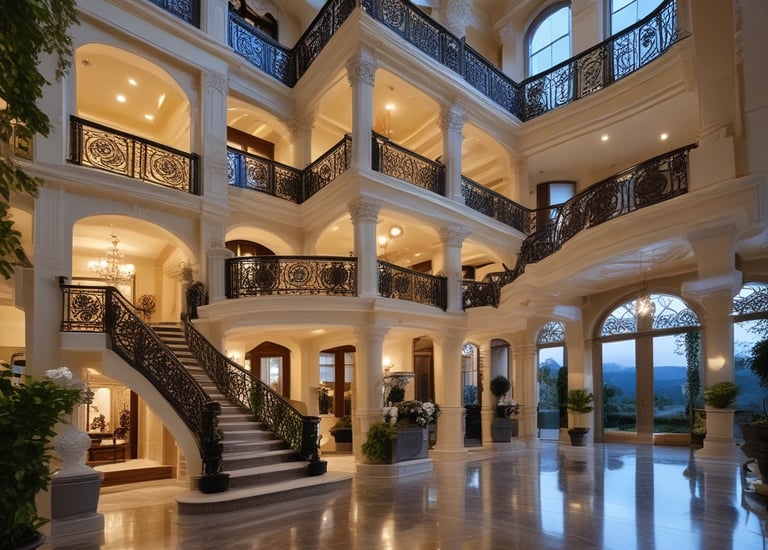 Close-up of a gleaming red sports car hood with a luxury estate blurred in the background.