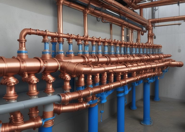 Technician inspecting a complex plumbing system in a commercial building.