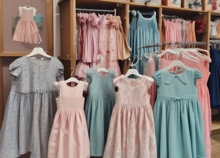 Colorful kids wear displayed on hangers in the shop.